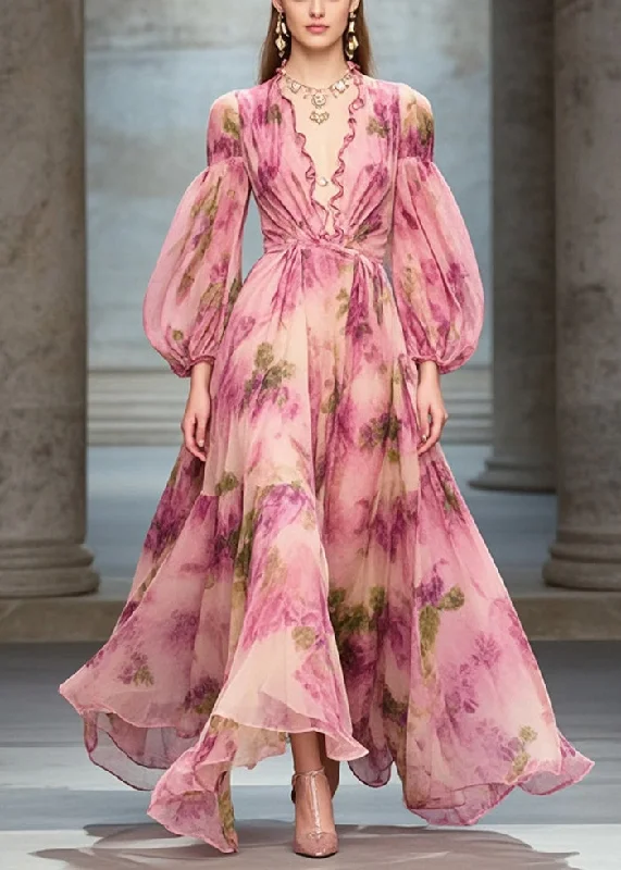 High-quality Design Elegant Rose Ruffled Print Exra Large Hem Chiffon Party Dresses Fall