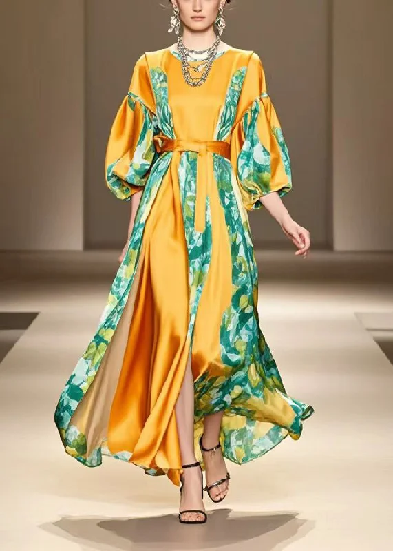 Elegant And Elegant Orange Patchwork Silk Vacation Dresses Exra Large Hem Bracelet Sleeve